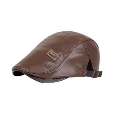 Imagem de Boné Masculino Retrô De Couro PU Ajustável Estilo Newsboy Chapéu Plano