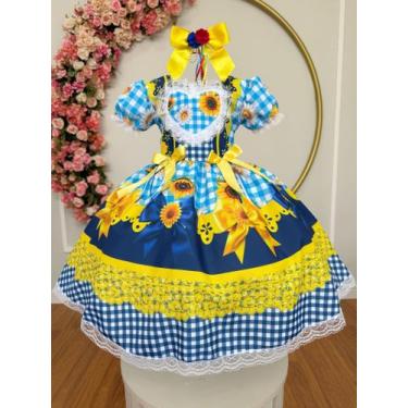 Imagem de Vestido Xadrez Festa Junina Infantil Azul Girassol Junino Caipira Quad