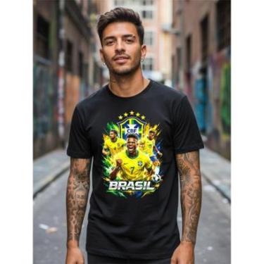 Imagem de Camiseta Masculina Brasil Seleção Futebol Estampa Jogadores Ação Visual Impacto Toque M...