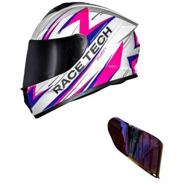 Imagem de Capacete Race Tech Hit Fuzzy Branco e Rosa Mais Viseira Camaleão Verme