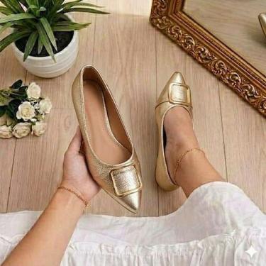 Imagem de Sapatilha Feminina Confortável Dourado Luxo Elegante Sapato Feminino M