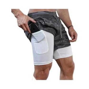 Imagem de Shorts De Ginástica Masculinos 2 Em 1 Com Estampa Camuflada, Secagem R