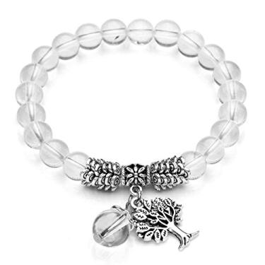Imagem de Bracelete Top Plaza com pedra da sorte de quartzo rosa árvore da vida Reiki cristal cura pingente pingente pingente pingente pedra do mês de nascimento (6,2")