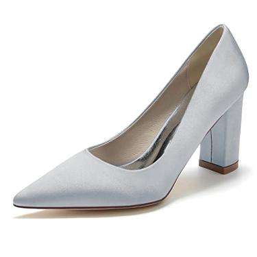 Imagem de Sapatos de noiva femininos bico fino grosso salto alto marfim de cetim sapatos sapatos sociais 36-43,Silver,9 UK/42 EU