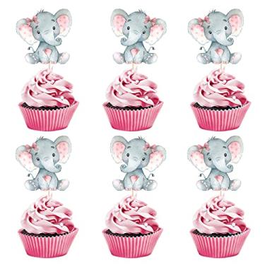 Imagem de Cabedal de cupcake de elefante rosa dupla face It Is A Girl Baby Shower Cupcake Picks Decoração Bebê menina Aniversário Festa Suprimentos, Conjunto de 24