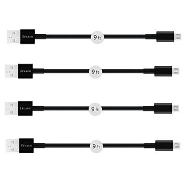 Imagem de [Pacote com 4] Cabo MicroUSB iFlash em comprimentos sortidos (1,2 m, 1,8 m, 2,8 m) - Cabo de sincronização e carregamento USB 2.0 de alta velocidade premium para micro USB 2.0 A macho para micro B para Samsung, HTC, Moto, LG, Android, mais, 9 feet, 4Pack 9FT Black