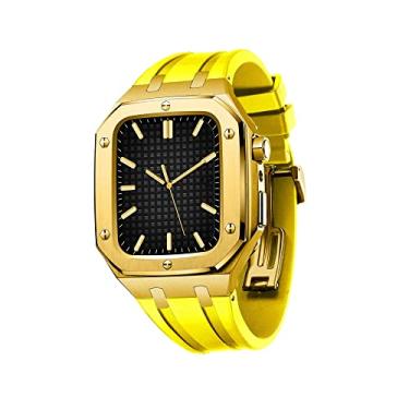 Imagem de MAALYA Capa de metal militar para Apple Watch Series 7 SE 6 5 4 Capa protetora de metal com pulseira de silicone amortecedor à prova de choque 45mm 44mm (Cor: amarelo dourado, tamanho: