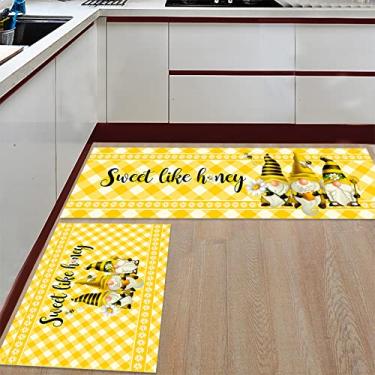 Imagem de Tapete de corredor de cozinha, tapete de corredor xadrez amarelo doce como mel, tapete de corredor, tapete para lavanderia, banheiro, quarto, conjunto de 2