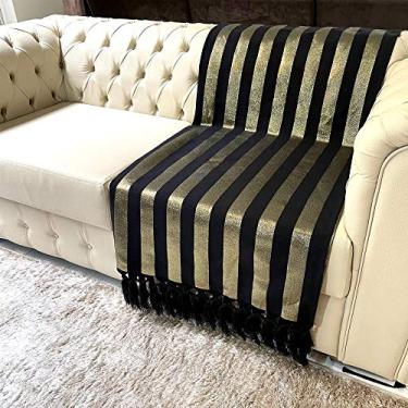 Imagem de Manta Para Sofá Tecido Jacquard Luxo Listrado Preto e Dourado 190x140cm