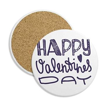 Imagem de Caneca de porta-copos Happy Valentine Day com citação fofa, suporte redondo, pedra absorvente, 2 peças