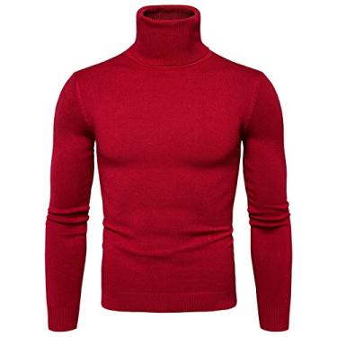 Imagem de Elonglin Suéter masculino básico de malha com gola rolê pulôver de algodão leve outono inverno, Vermelho, M