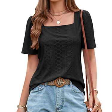 Imagem de Camiseta feminina de verão manga curta ajuste solto blusa manga quadrada oca doce camisa tops para usar com leggings, preta, XGG