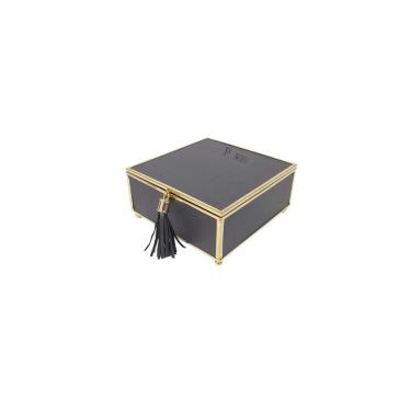 Imagem de Caixa Decorativa Quadrada de Vidro e Couro Sintético Preto e Dourado 15cm