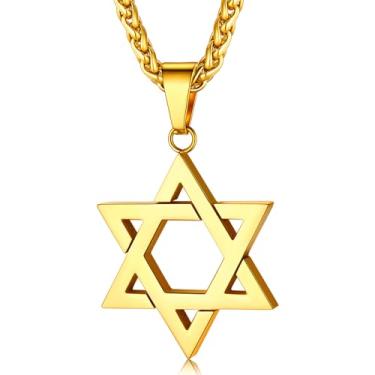 Imagem de ChainsHouse Colar Magen Estrela de Davi para homens e mulheres, aço inoxidável/hexagrama banhado a ouro 18 K/pingente de etiqueta de cachorro, joia judaica israelense, Metal, Sem Pedra Preciosa