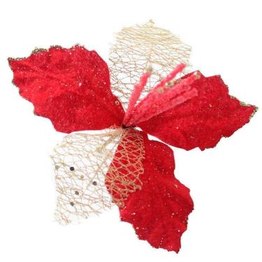 Imagem de Kit 4 Flores Vermelhas Com Cabo Artificial Decoração De Natal Com Glitter 22cm