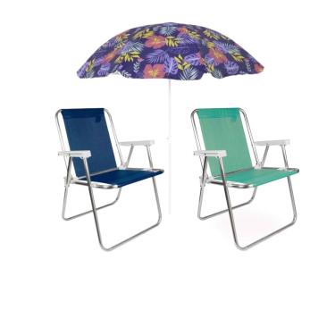 Imagem de Kit Cadeira Azul Sannet + Cadeira Verde Praia + Guarda Sol Mor