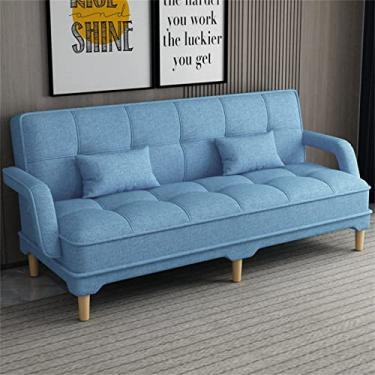 Imagem de Sofá de 3 lugares, sofá de tecido elegante de 3 lugares, com cotovelos Sofá escandinavo de 3 lugares, chaise longue com pernas de madeira cadeira reclinável, para sala de estar/sala/escritório, azul