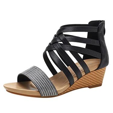Imagem de Sandálias femininas com alça de cunha sapatos boho de verão confortáveis sandálias de tira elástica de dedo aberto sandálias romanas tamanho 30,48 cm, Preto, 9