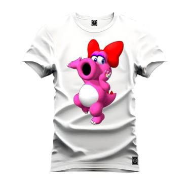 Imagem de Camiseta Plus Size Unissex Algodão Estampada Premium Confortável Dino Rosa Branco G1