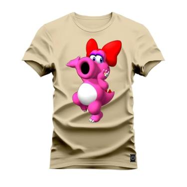 Imagem de Camiseta Plus Size Unissex Algodão Estampada Premium Confortável Dino Rosa Bege G5