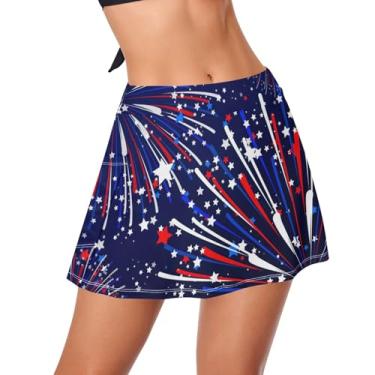 Imagem de Saia de natação feminina Fireworks cor azul branco vermelho shorts com calcinha integrada roupa de banho roupa de banho secagem rápida natação, Fogos de artifício, cor azul, branco, vermelho, GG