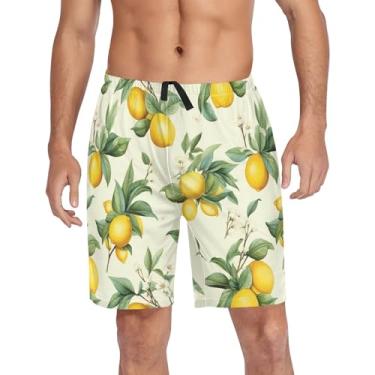 Imagem de CHIFIGNO Shorts de pijama masculino, short de pijama para dormir, short de pijama elástico com bolsos e cordão, Folhas verde-limão vintage, G