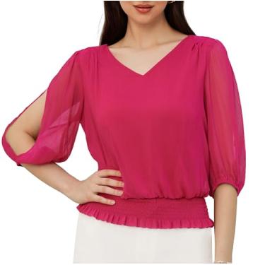 Imagem de GRACE KARIN Blusas elegantes para mulheres 3/4 chiffon manga lanterna decote em V elástico cintura alta fenda recorte tops escritório trabalho, Vermelho rosa, G
