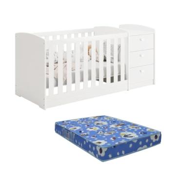 Imagem de Berço Americano Multifuncional Atlanta com Cômoda 3 Gavetas Branco Fosco com Colchão - Reller