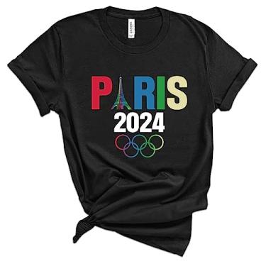 Imagem de Camiseta de manga curta unissex para adultos da Torre Eiffel da França, camiseta dos Jogos Olímpicos de Paris 2024, presente dos Jogos Esportivos de Verão de Paris EUA, Preto, P