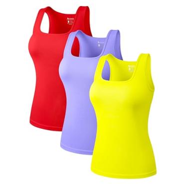 Imagem de OQQ Camisetas femininas de 3 peças, gola quadrada, elástica, sem mangas, Vermelho, roxo, amarelo, Small