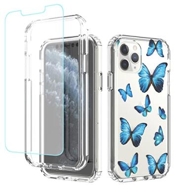 Imagem de sidande Capa para iPhone 11 Pro com protetor de tela de vidro temperado, capa protetora fina de TPU floral transparente para Apple iPhone 11 Pro 5.8 (borboleta)