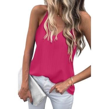 Imagem de Zeagoo Camiseta regata feminina com decote em V, alças finas, longa, sexy, rodada, texturizada, sem mangas, Vermelho rosa, G