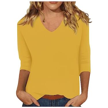 Imagem de Camiseta feminina gola V slim fit manga 3/4 cor sólida túnica verão básica roupas de treino, Amarelo, 3G