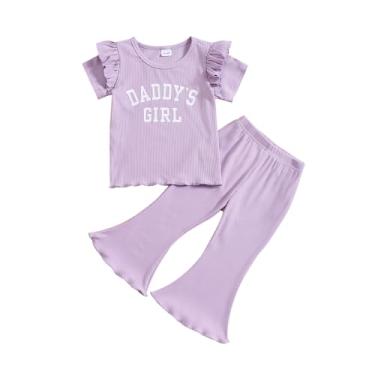 Imagem de YOKJZJD Conjunto de 2 peças de camiseta de manga curta de malha canelada para bebês meninas papai menina conjunto de calças de verão, Roxa, 3-4 Anos