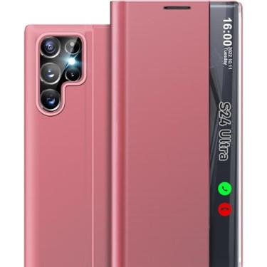 Imagem de Qissy Capa de telefone para Samsung S24 Ultra, Clear View S24 Ultra capa com suporte, capa protetora de couro rígido de policarbonato flip à prova de choque para Samsung Galaxy S24 Ultra 5G (rosa)