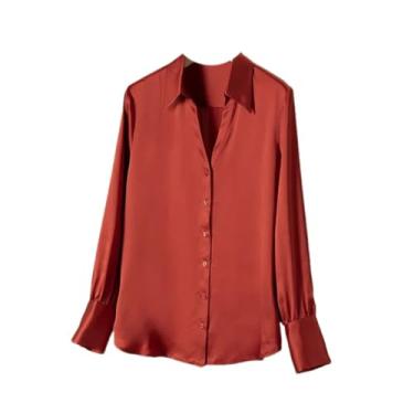 Imagem de Camisa feminina de seda feminina primavera gola V cetim manga longa blusa de seda, Vermelho, M