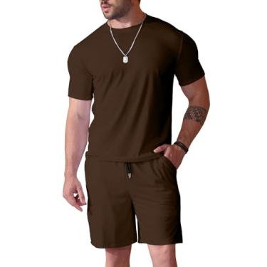 Imagem de Uni Clau Conjunto masculino de 2 peças, moda verão, agasalhos, casual, camisa e shorts, Marrom, GG