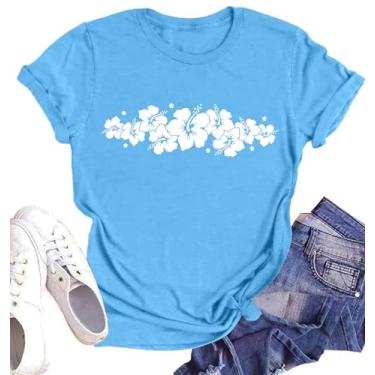 Imagem de Camiseta feminina havaiana com estampa de flor de hibisco, retrô, praia, manga curta, verão, férias, Azul, P