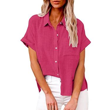 Imagem de Camiseta feminina de linho de manga curta com bolso, gola V, botões, cor sólida, caimento solto, túnica de verão, Rd1, M
