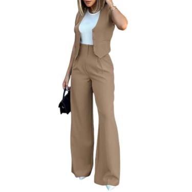 Imagem de Conjunto de terno feminino, blusa sem mangas, conjunto de roupas para escritório em poliéster, Cáqui, P, free size