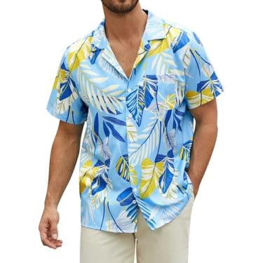Imagem de Hardaddy Camisa masculina havaiana folha de palmeira tropical floral camisa manga curta abotoada verão praia acampamento gola, Azul-aqua, folha de palmeira, 3G