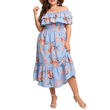 Imagem de KOJOOIN Vestido longo feminino plus size tomara que caia com babados casual verão boho, Flor azul, GG