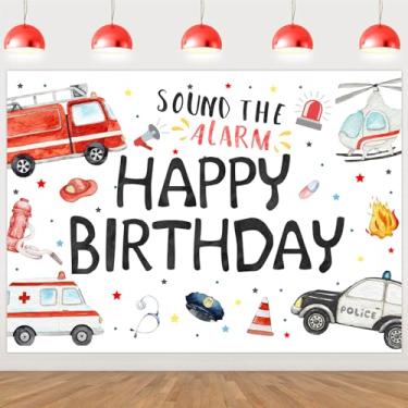 Imagem de Wonmelody Decorações de aniversário de emergência, 2,1 x 1,5 m, som o alarme, pano de fundo, faixa de fundo de feliz aniversário, veículo de resgate, veículo de resgate, suprimentos de festa de