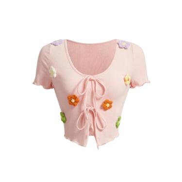 Imagem de Floerns Camisetas femininas de manga curta floral com gola redonda e acabamento em alface, Rosa claro, PP