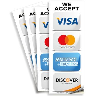 Imagem de iSYFIX Adesivos de placas adesivas para cartão de crédito – Pacote com 4 7,6 x 20,3 cm – Aceitamos Visa, MasterCard, Amex & Discover, vinil autoadesivo premium, laminado, resistente a UV, clima, arranhões, água e desbotamento