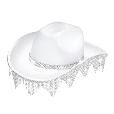 Imagem de Tachiuwa Chapéu de cowboy com borlas ocidentais, chapéu de proteção solar, feminino, masculino, estiloso, cowgirl, jazz, para papéis, performance de palco ao, branco