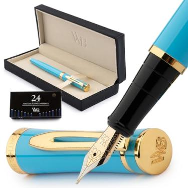 Imagem de Jogo de caneta-tinteiro Wordsworth & Black, ponta média, com 24 cartuchos de tinta e conversor de refil de tinta, com estojo para presente, para caligrafia, unissex, azul celeste com acabamento