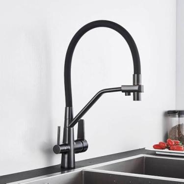Imagem de Torneira de pia de cozinha, torneira, filtro de água pura, misturador, guindaste, alças duplas, purificação, torneira de cozinha quente e fria, preto fosco B