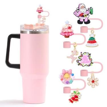 Imagem de Capas de palha rosa de Natal com pingentes, acessórios Stanley de 10 mm 1 cm ponta de palha de Natal com copo de 30 e 1,134 g com alça, tampas de canudo reutilizáveis à prova de poeira para presentes