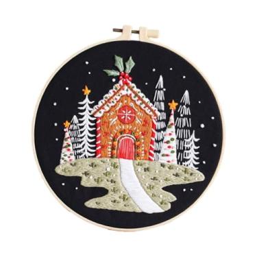 Imagem de Dynwave Kit de bordado de Natal incluindo linhas, bastidor, ponto cruz, conjunto de artesanato faça você mesmo para adultos, iniciantes, presente de Natal, Casa de Natal